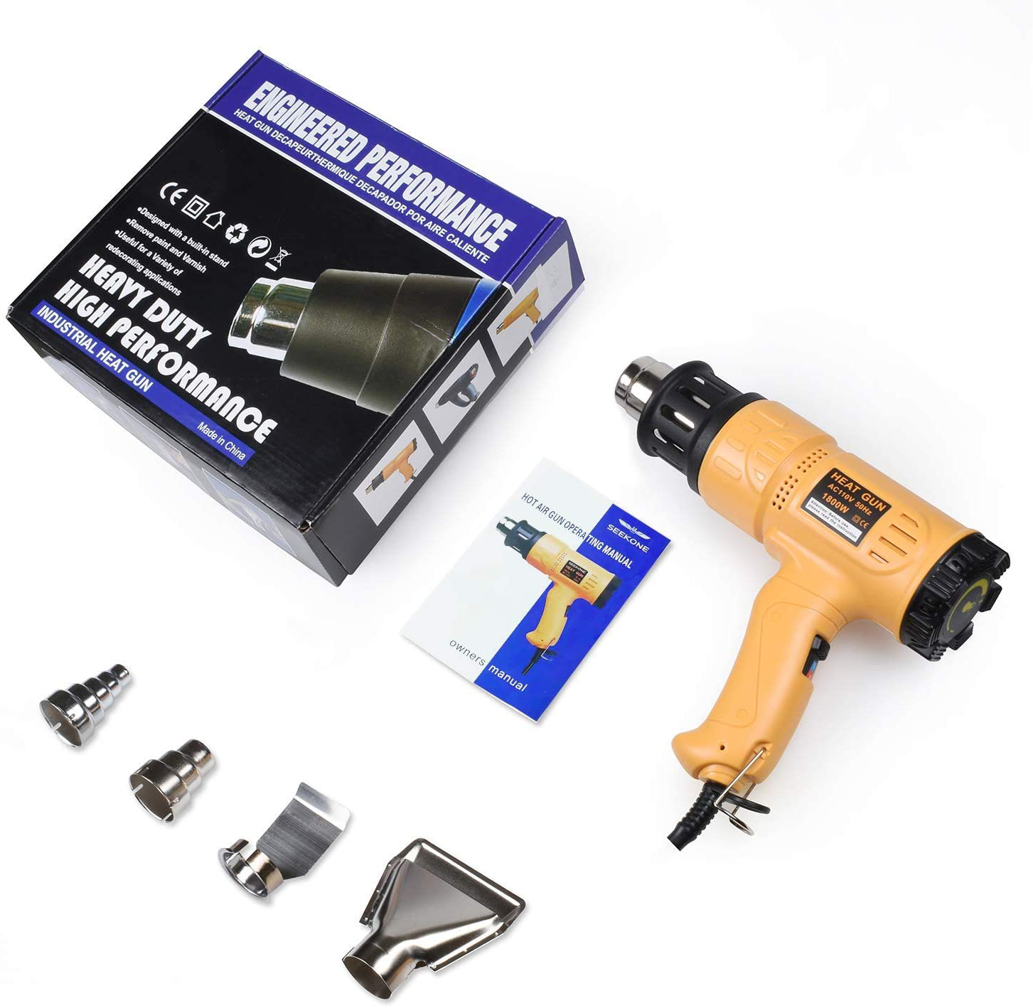 SEEKONE Heat Gun 1800W Heavy Duty Hot Air Gun Kit Variable Temperature Control with 2-Temp Settings 4 Nozzles 122℉~1202℉（50℃- 650℃）with Overload Protection for Crafts, Shrinking PVC, Stripping Paint