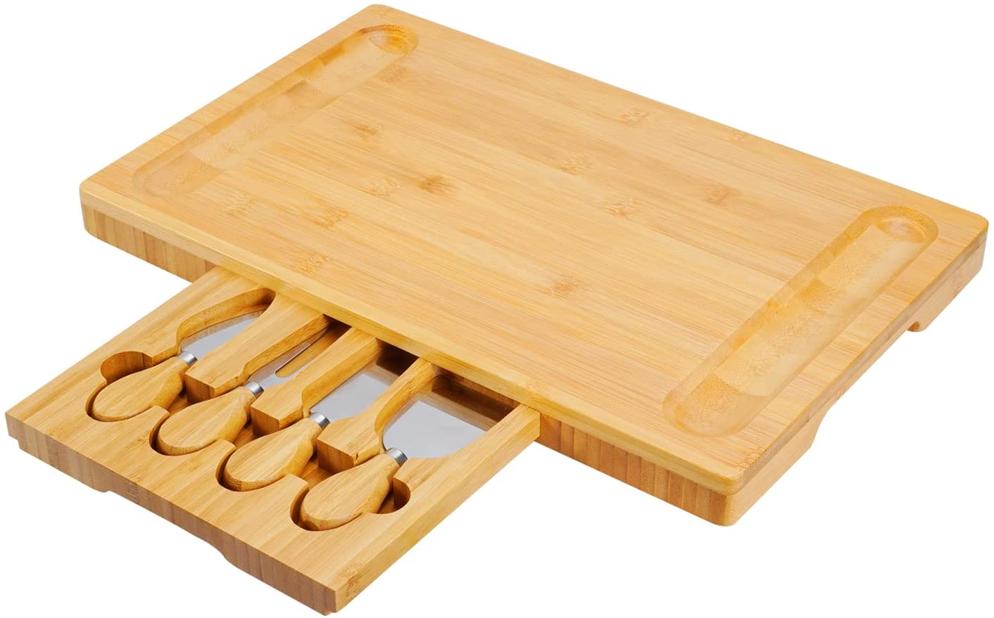 Bamboo Cheese Board Cheese Platter with Utensils Set and 4 Stainless Steel Cutting Knives Cracker and Meat Serving Tray for Display, Decorations, Cheese Lovers, Gift Idea