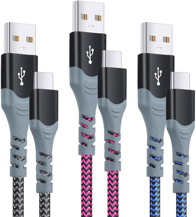 Type C Cable, Eversame USB C-USB a Pack of 3(6.6Ft) Nylon Braided Fast Charging Cord Compatible for Galaxy S10/S9/S8/Note 10/9/8, Moto Z, LG V40/G5, Google Pixel 2XL, Oneplus 5/3T(Blue Black Hot Pink)