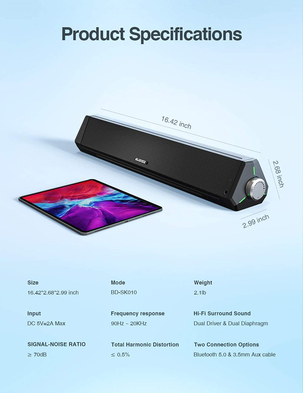 Computer Speakers, Dynamic RGB Computer Sound Bar, Hifi Stereo Bluetooth 5.0 & 3.5Mm Aux-In Connection, USB Powered Computer Speakers for Desktop, PC, Laptop, Tablets
