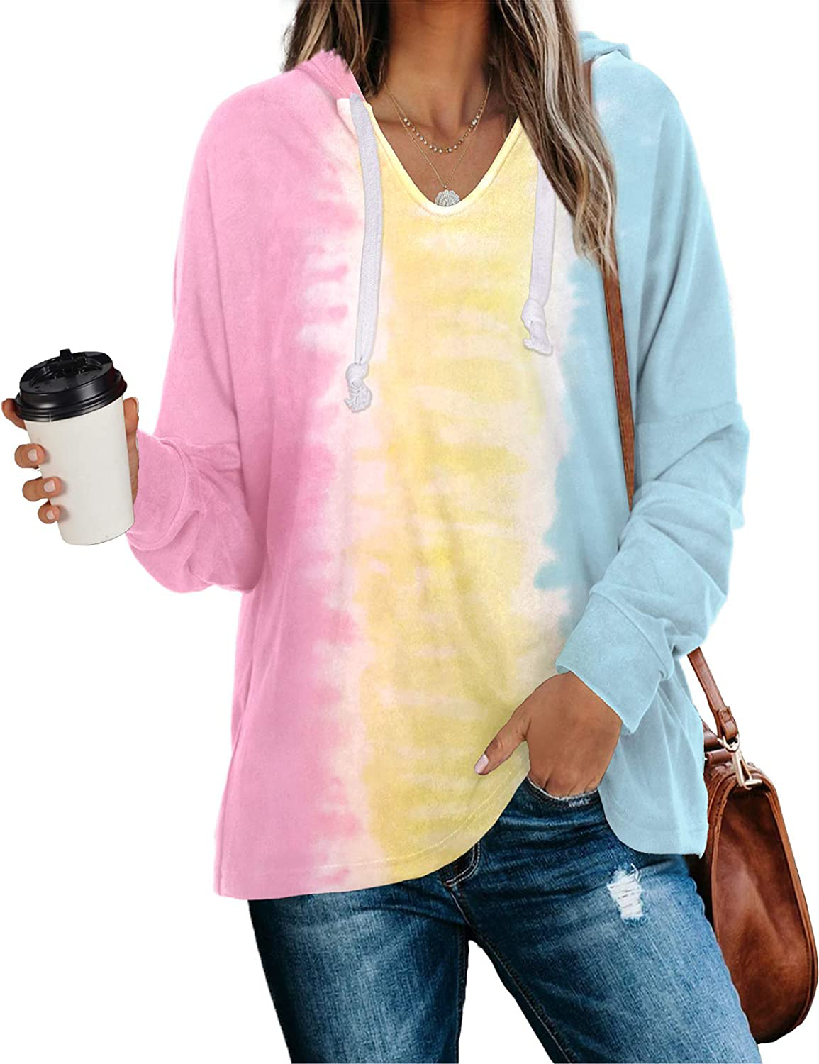 WIHOLL Women's V Neck Hoodie Sweatshirts Tie Dye Casual Long Sleeve Pullover Tops