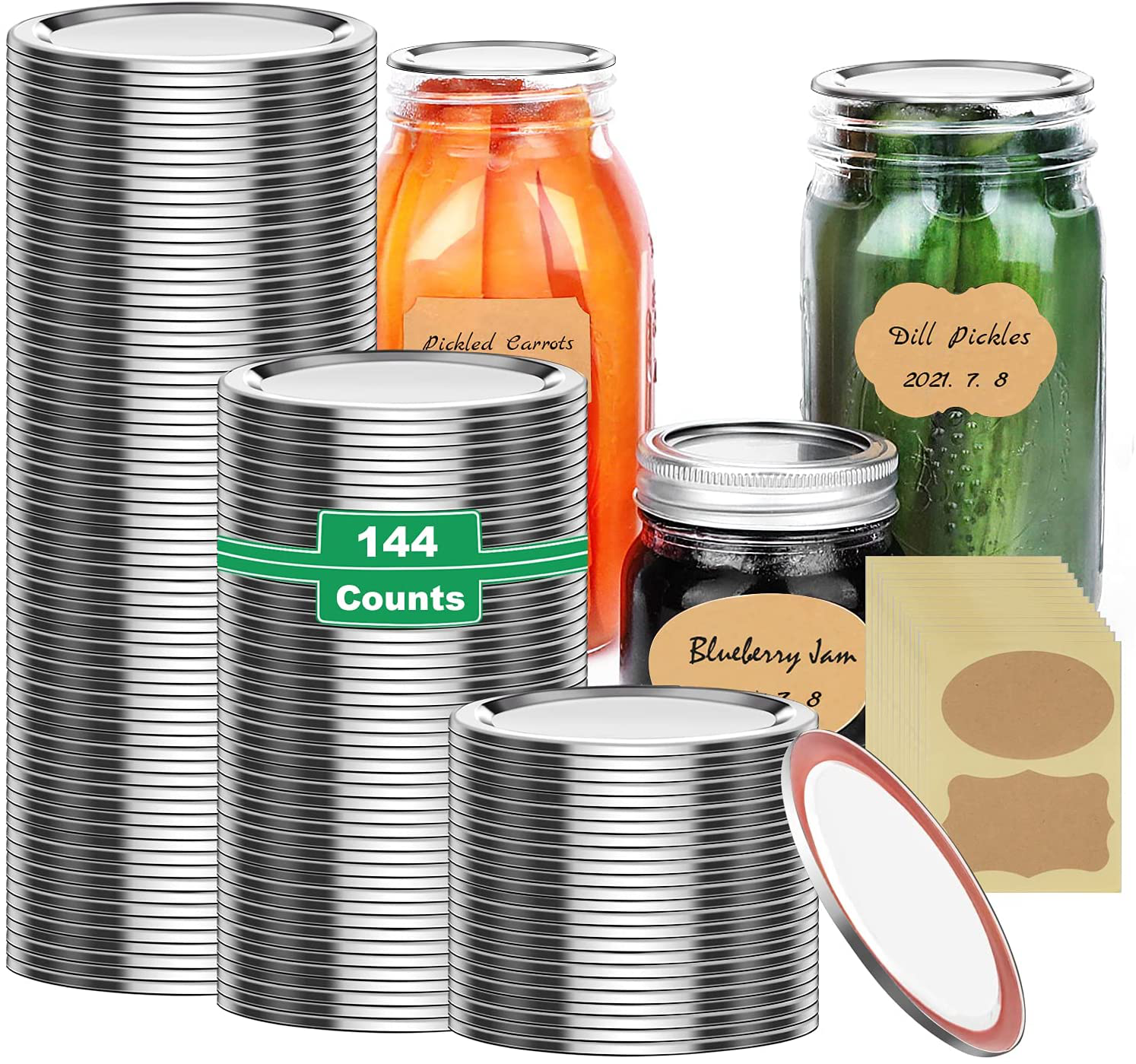 144-Count, Regular Mouth Mason Jar Lids, Canning Lids, for Ball and Kerr Jars, Split-Type Airtight Leakproof Thickened Food Grade Tinplate Material, with 24 Labels, without Bands