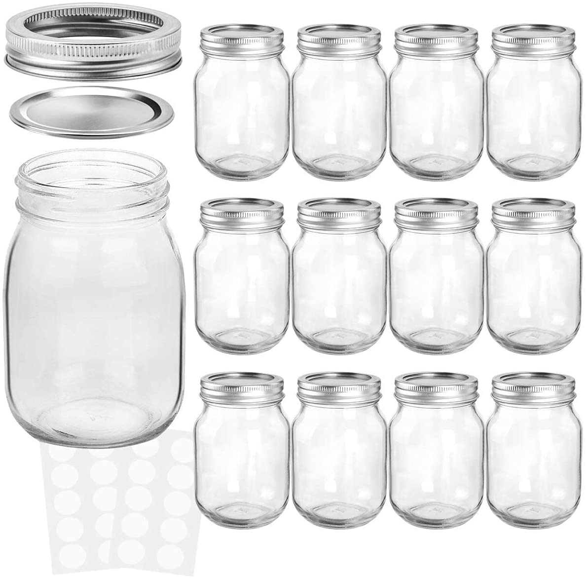 KAMOTA Mason Jars 16 OZ With Regular Lids and Bands, Ideal for Meal Prep, Jam, Honey, Wedding Favors, Shower Favors, Baby Foods, DIY Magnetic Spice Jars, 12 PACK, 20 Whiteboard Labels Included