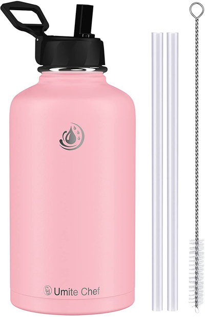 Umite Chef Water Bottle, Vacuum Insulated Wide Mouth Stainless-Steel Sports 40OZ Water Bottle with New Wide Handle Straw Lid,Hot Cold, Double Walled Thermo Mug Flamingo