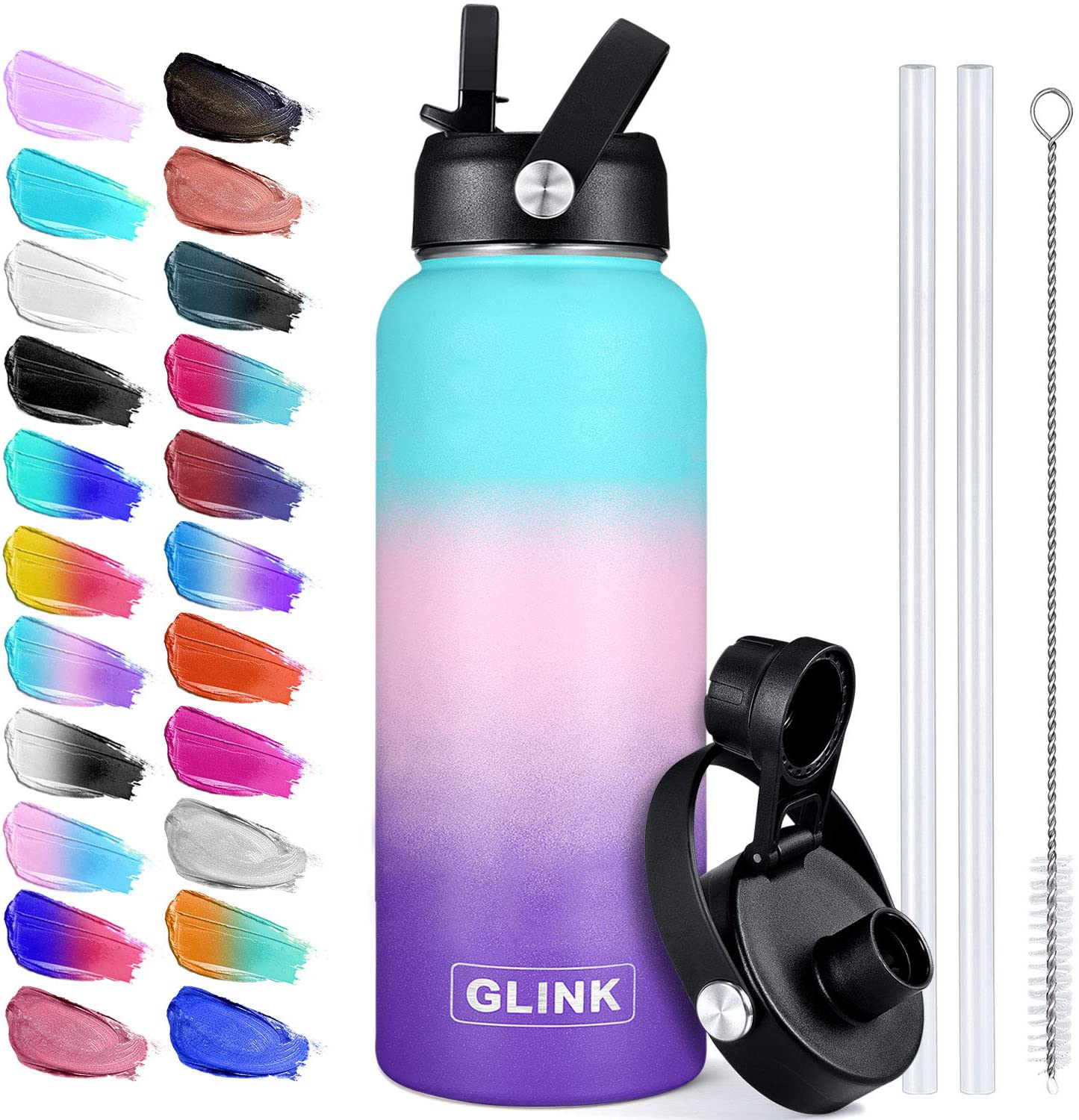 Glink Stainless Steel Water Bottle with Straw, 32-40 oz Wide Mouth Double Wall Vacuum Insulated Water Bottle Leakproof, Straw Lid and Spout Lid with New Rotating Rubber Handle