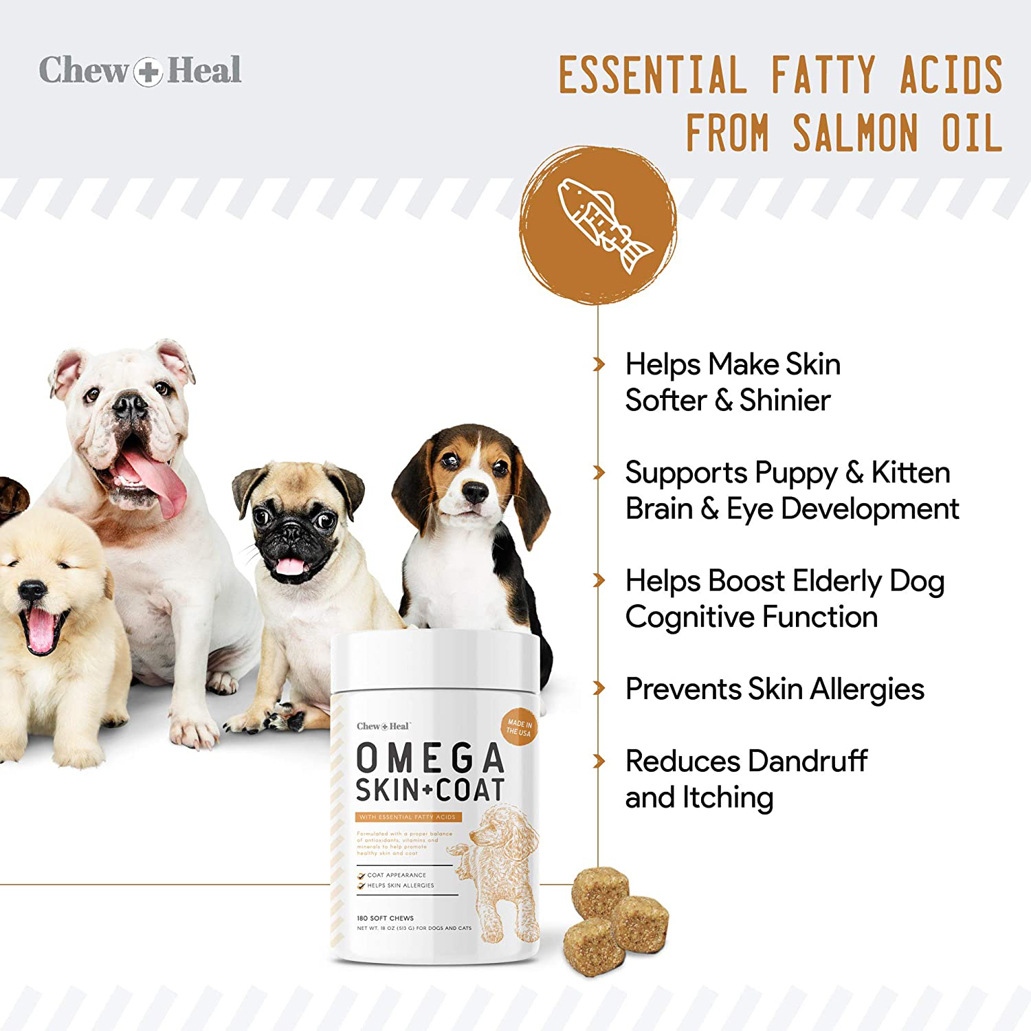 Omega Treats for Skin and Coat - Fish Oil Blend of Essential Fatty Acids, Omega 3, 6, and 9, Vitamins, Antioxidants and Minerals - Made in USA