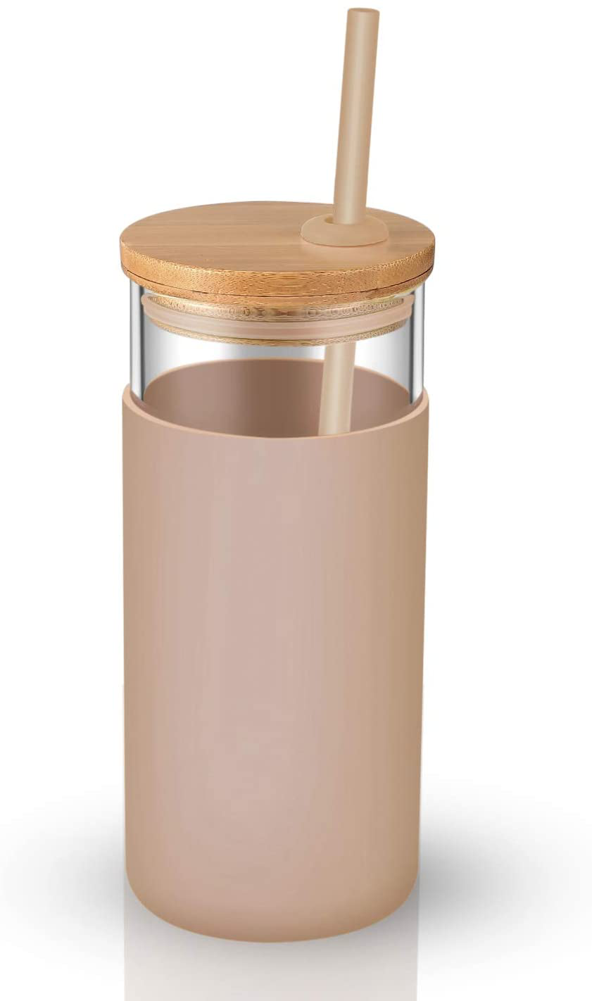 tronco 20oz Glass Tumbler Straw Silicone Protective Sleeve Bamboo Lid - BPA Free (Dot Bronze/2-Pack)