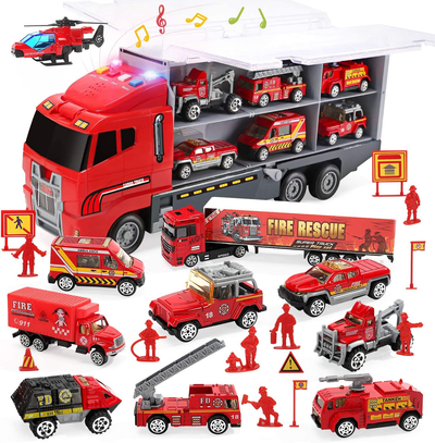 28 in 1 Fire Trucks with Sound and Light, Friction Powered Cars with 10 Mini Firetrucks, Rescue Emergency Double Side Carrier Truck Set Birthday Gift for Boys, Girls, Toddlers Kids Age 3+