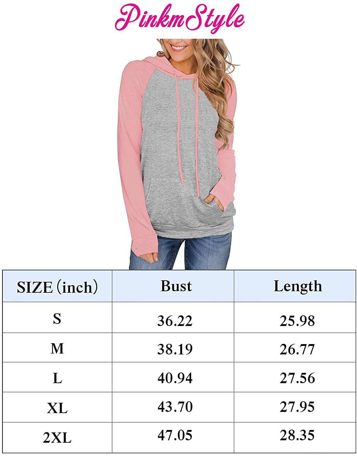 PINKMSTYLE Womens Color Block Hoodies Casual lightweight Drawstring Pullover Sweatshirt Fall Long Sleeve Tops with Pocket