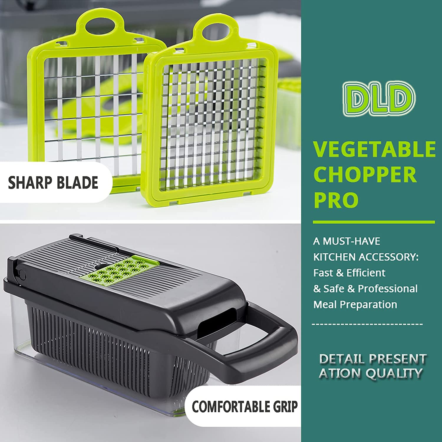 Vegetable Chopper, DLD 12-In-1 Onion Chopper with Container and 7 Sharp Blades - Egg Separator - Pro Vegetable Slicer for Salad Fruit Carrot