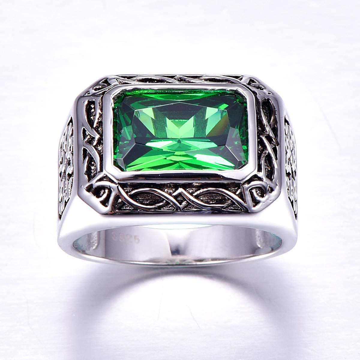Silver Rings for Men 6.85Ct 8X12Mm Radiant Cut Created Emerald 925 Sterling Silver Wedding Engagement Band Size 6-14