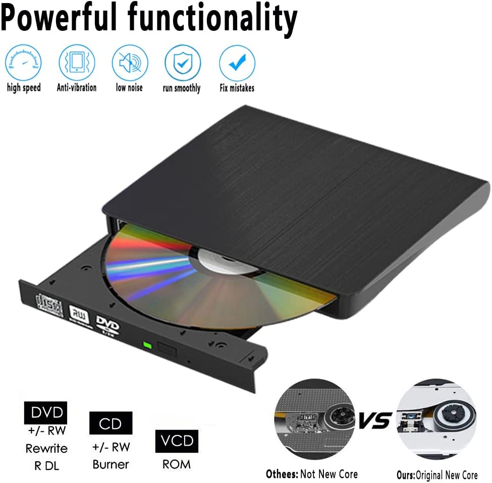 External DVD Drive, USB 3.0 Portable CD/DVD +/-RW Drive/Dvd Player for Laptop CD ROM Burner Compatible with Laptop Desktop PC Windows Linux OS Mac Black