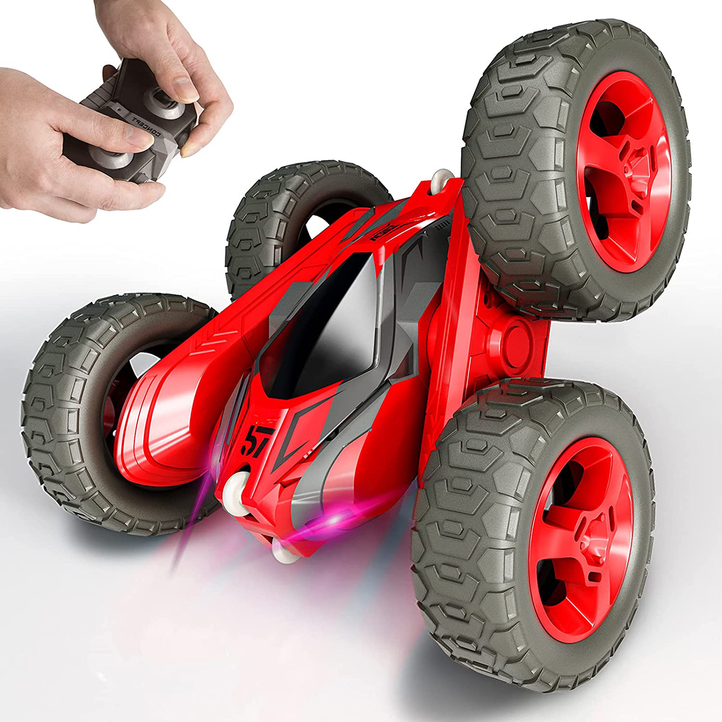 Tecnock Remote Control Car for Kids,360 ° Rotating Double Sided Flip RC Stunt Car,2.4Ghz 4WD Toy Car with Rechargeable Battery for 45 Min Play,Great Gifts for Boys and Girls(Red)