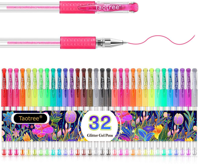 Glitter Gel Pens, 32-Color Neon Glitter Pens Fine Tip Art Markers Set 40% More Ink Colored Gel Pens for Adult Coloring Book, Drawing, Doodling, Scrapbook, Bullet Journal, Sparkle Gel Pen Gift for Kids