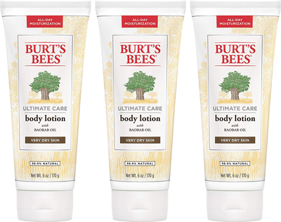 Body Lotion, Burt's Bees Moisturizer for Dry Skin, Unscented Skin Care, with Shea Butter & Babob Oil, 6 Ounce (Pack of 3) (Packaging May Vary)