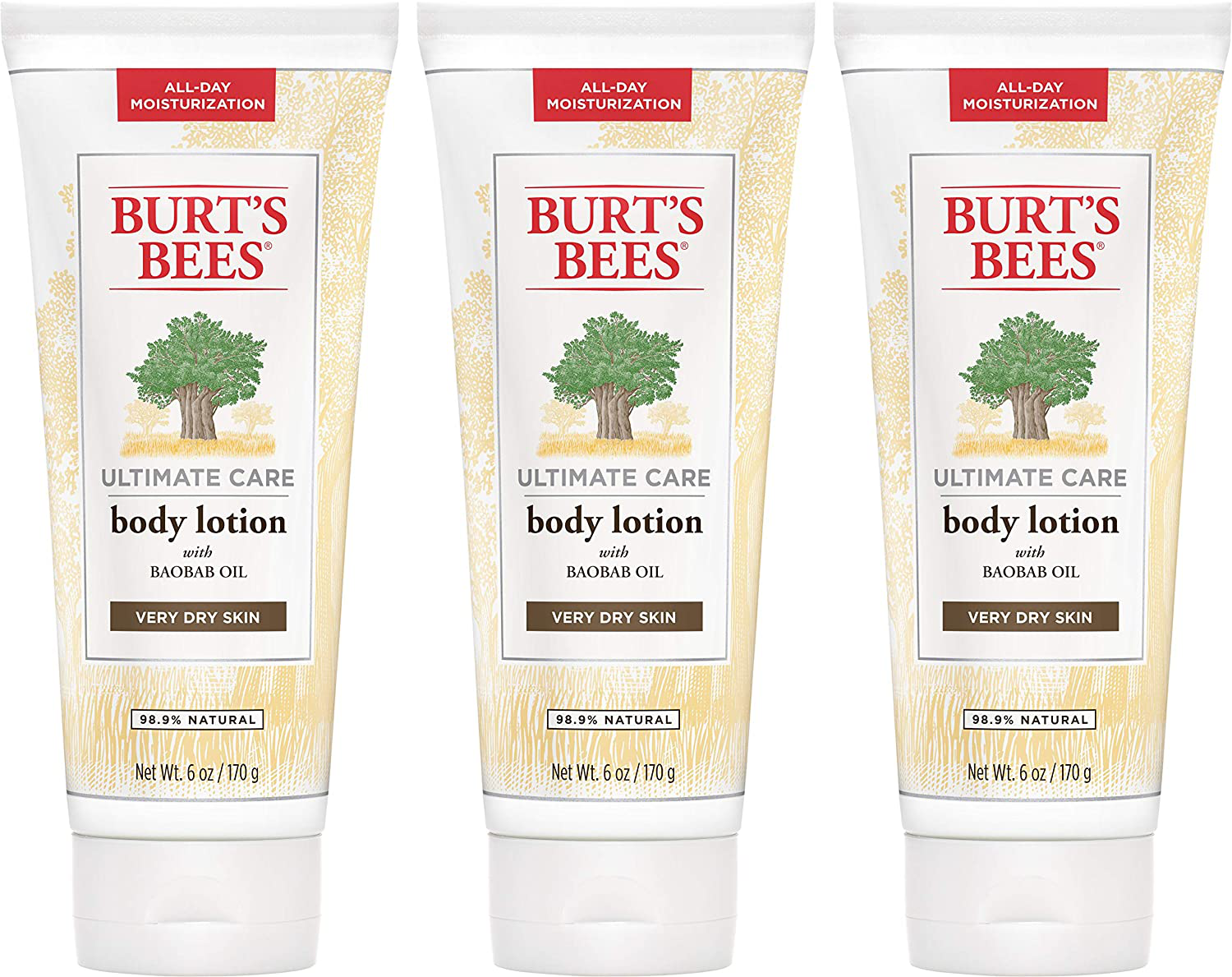 Body Lotion, Burt's Bees Moisturizer for Dry Skin, Unscented Skin Care, with Shea Butter & Babob Oil, 6 Ounce (Pack of 3) (Packaging May Vary)