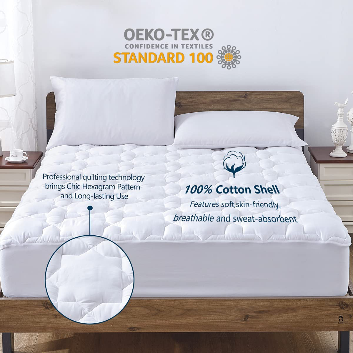 CozyLux Mattress Pad Full Deep Pocket Non Slip Cotton Mattress Topper Breathable and Soft Quilted Fitted Mattress Cover Up to 18" Thick Pillowtop 450GSM Bed Mattress Pad White