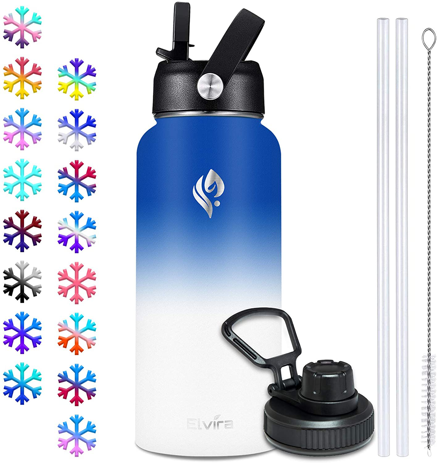 Elvira 32oz Vacuum Insulated Stainless Steel Water Bottle with Straw & Spout Lids, Double Wall Sweat-Proof BPA Free to Keep Beverages Cold for 24Hrs or Hot for 12Hrs