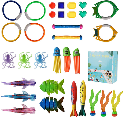 Pool Toys Diving Toy, Swimming Pool Toy Set Includes Rings Diving Sticks Torpedo Bandits Diving Fish Diving Gems Water Plants, Jellyfish, Octopus, Kids Toys Toys for Girls Boys 32Pcs