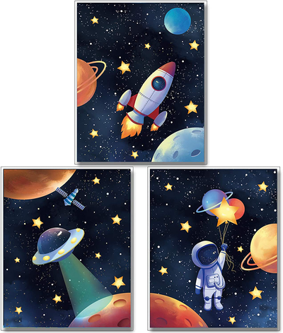 MWOOT Space Astronaut Canvas Poster for Boys Bedroom Wall Decor, 3Pcs3 Kids Children Playroom Wall Art Print (30X40CM), Solar System Rocket Wall Poster Large - Room Decoration Accessories (B Series)