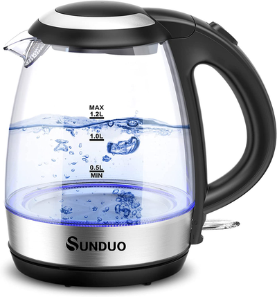 SUNDUO Electric Kettle 1.2L, 1500W Fast Heating LED Light Glass Electric Tea Kettle, Cordless BPA Free Hot Water Boiler, Auto Shutoff & Boil-Dry Protection,Stainless Steel Filter, Countertop Teapot