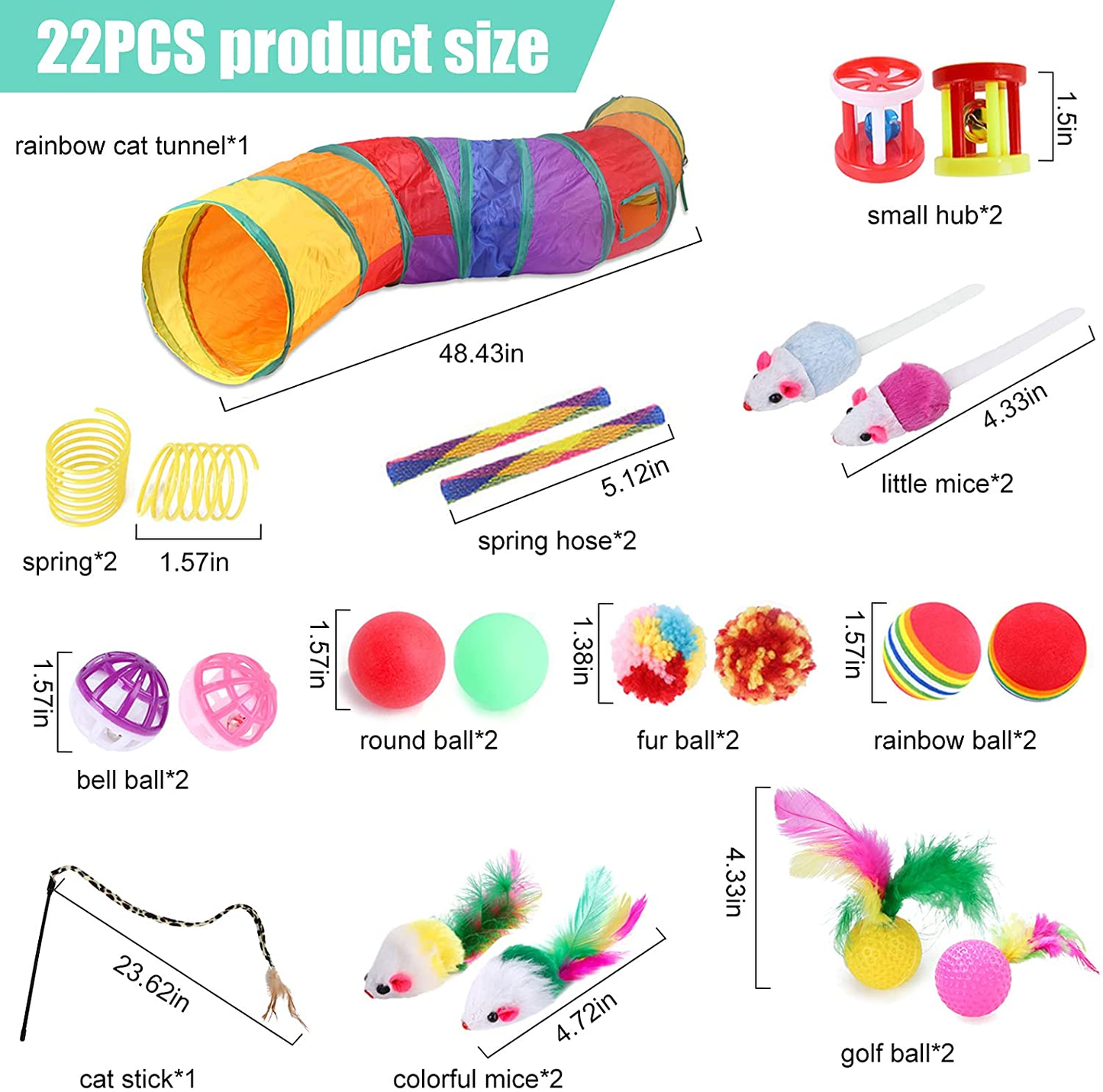 22PCS Rainbow Interactive Cat Toys Cats Tunnel with Bell Mouse Ball Crinkle Feather String, Kitten Toys for Indoor Cats Pet Puppy, Kitty Toy Set for Cat Hiding Hunting and Training