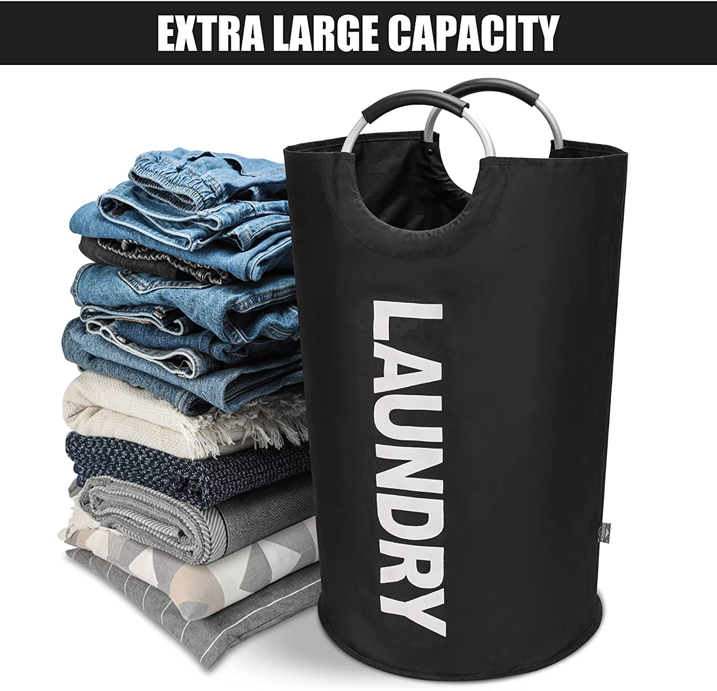 DOKEHOM 82L Large Laundry Basket (6 Colors), Collapsible Laundry Bag, Foldable Laundry Hamper, Folding Washing Bin (Black, L)