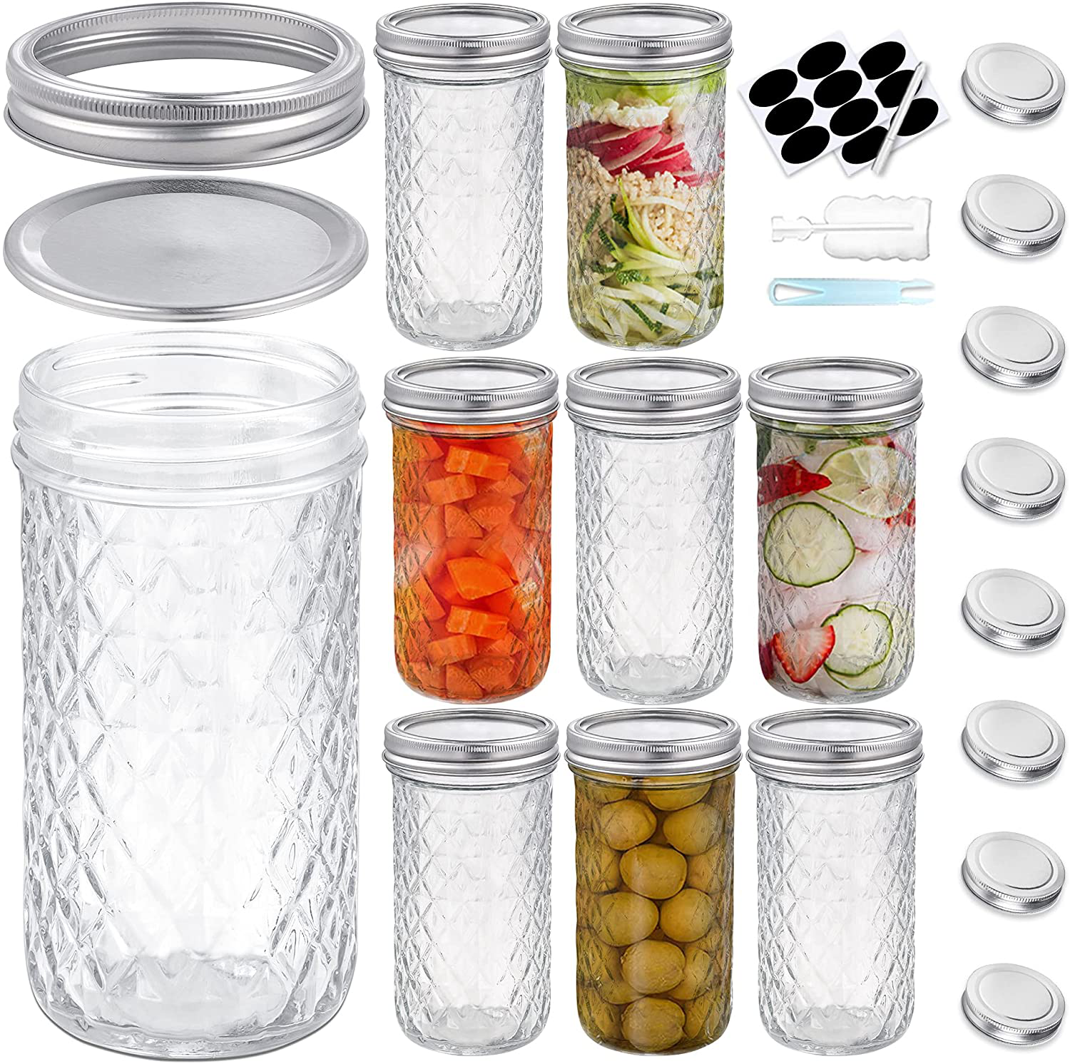 Foruisin 20 OZ (8-Set) Wide Mouth Large Mason Jars with Lids and Bands, Quilted Crystal Style Glass Canning Jars, Ideal Fruit & Vegetable Slices, Pickles, Tomato Based Juices & Sauces