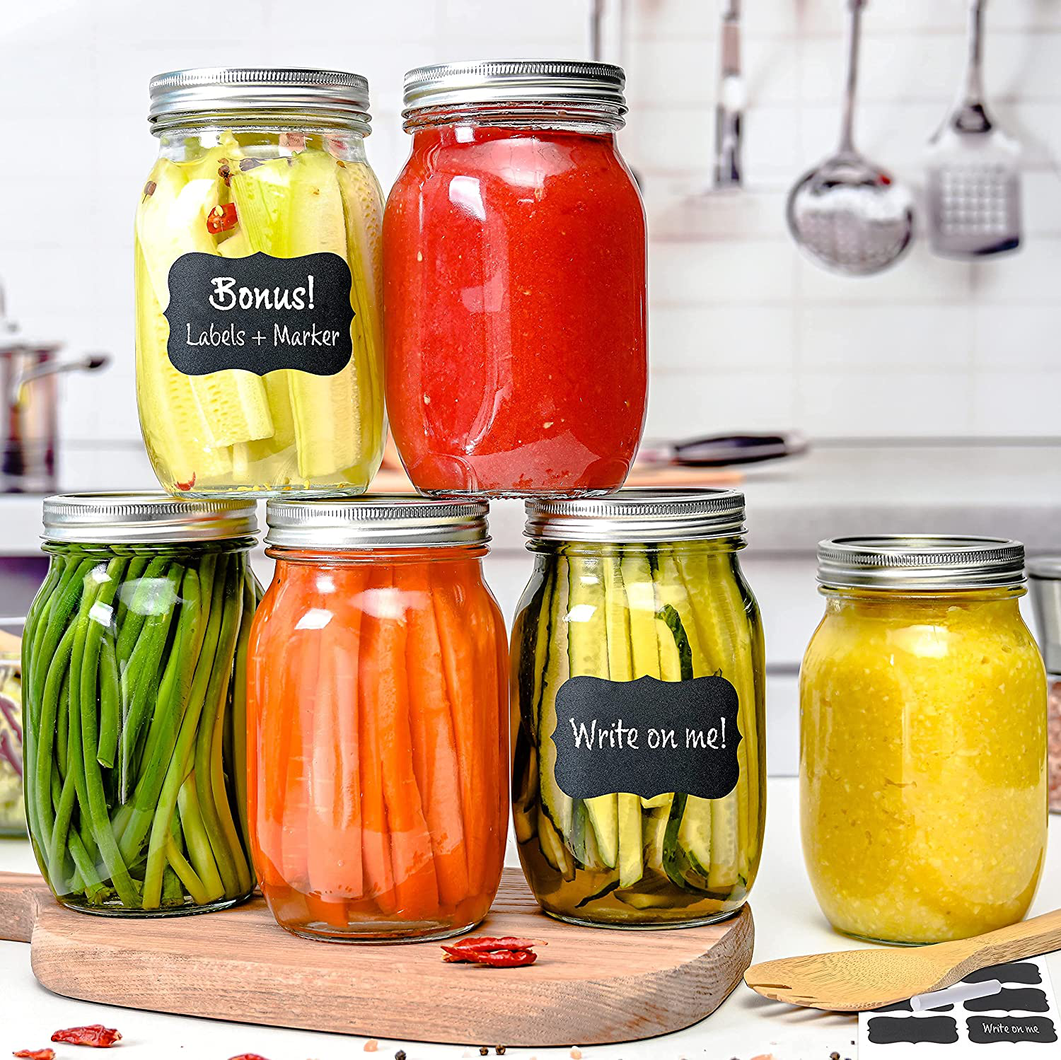 Set of 6 - 32oz Glass Mason Jars with lids - Airtight Band + Marker & Labels - Canning Jars with Lid - Regular Mouth - Ideal for Jelly Jar, Jam, Honey, Wedding Favors, Spice Jars, Meal Prep, Smoothie Cups, Preserving, Canning Rack.