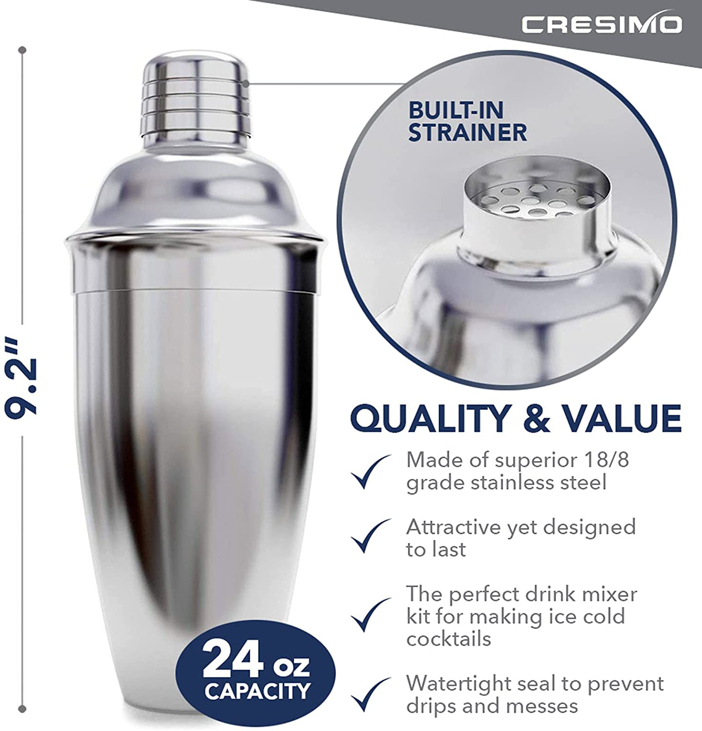 Cocktail Shaker Set by Cresimo - Stainless Steel Bartending Kit with 24 Ounce Cocktail Shaker with Built in Drink Strainer, Measuring Jigger, Mixing Spoon & Drink Recipe Guide - Professional Bar Tools
