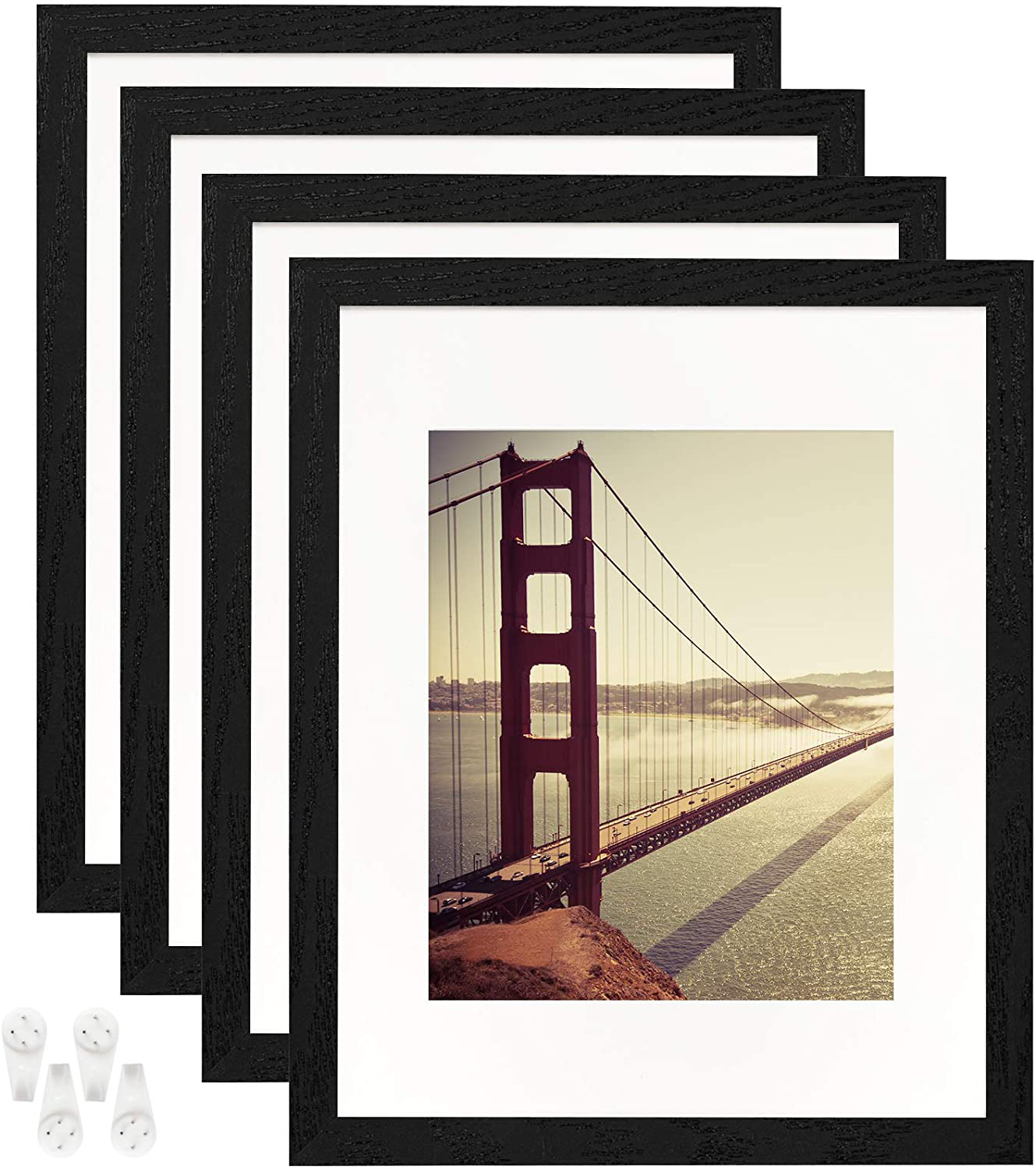 BAIJIALI 11x14 Picture Frame Black Wood Pattern Set of 4 with Tempered Glass,Display Pictures 8x10 with Mat or 11x14 Without Mat, Horizontal and Vertical Formats for Wall