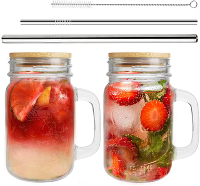 Mason Jar with Handle, Set of 2 Regular Mouth Mason Jars 16 Oz, Mason Jar with Lids and Straws, Reusable Boba Cups Travel Bottle for Iced Coffee Large Pearl Juices Cocktail