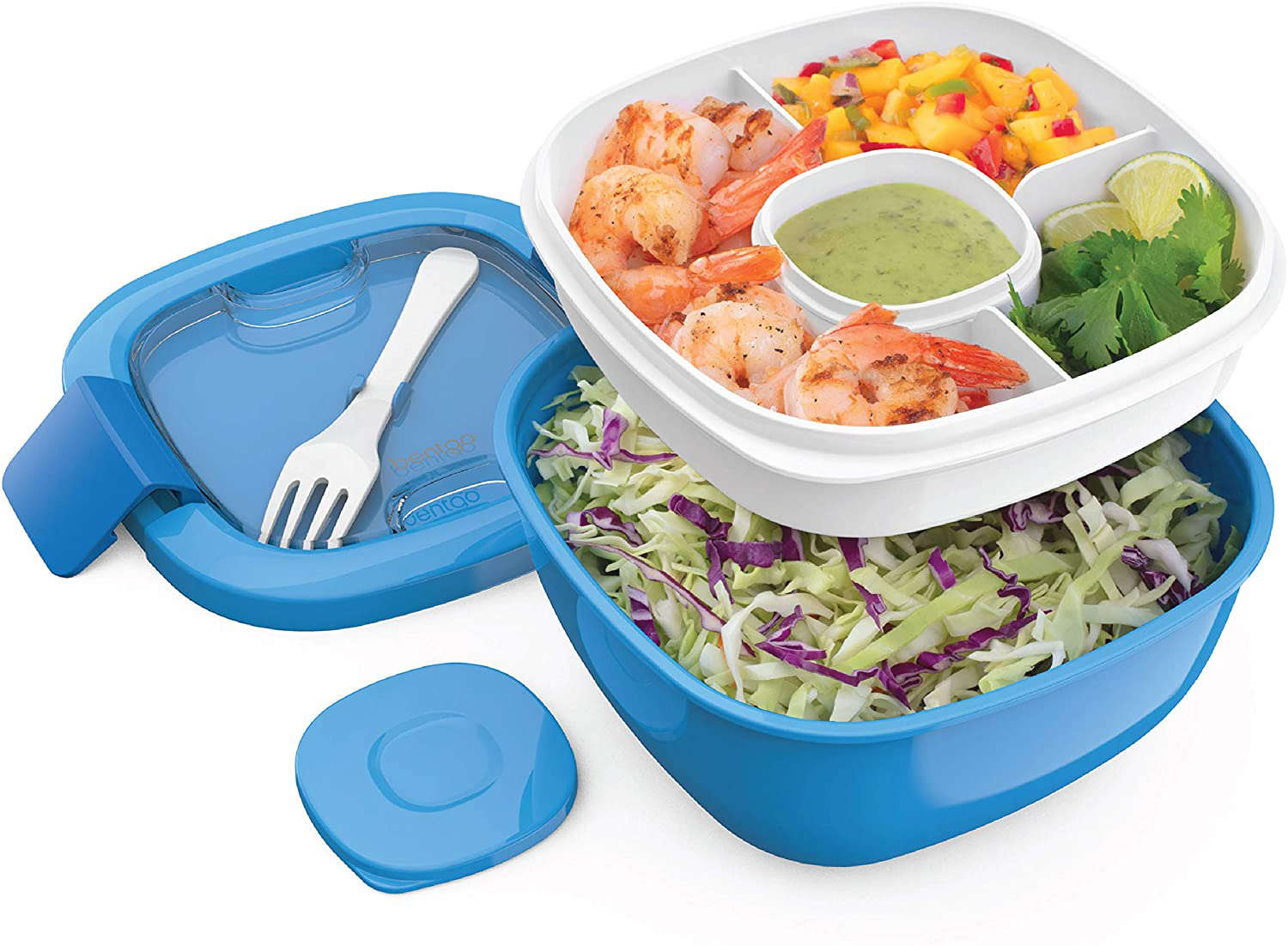 Bentgo Salad - Stackable Lunch Container with Large 54-oz Salad Bowl, 4-Compartment Bento-Style Tray for Toppings, 3-oz Sauce Container for Dressings, Built-In Reusable Fork & BPA-Free (Blue)