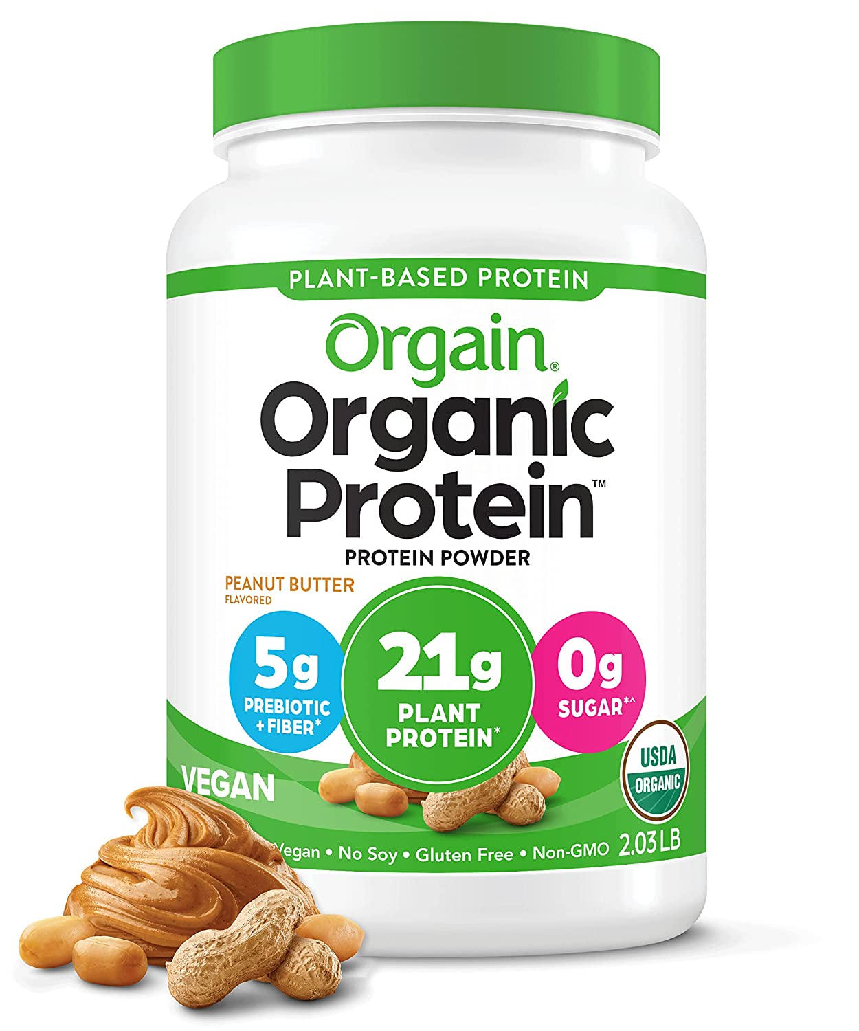 Orgain Organic Plant Based Protein Powder, Peanut Butter - 21G of Protein, Vegan, Low Net Carbs, Non Dairy, Gluten Free, Lactose Free, No Sugar Added, Soy Free, Kosher, Non-Gmo, 2.03 Pound