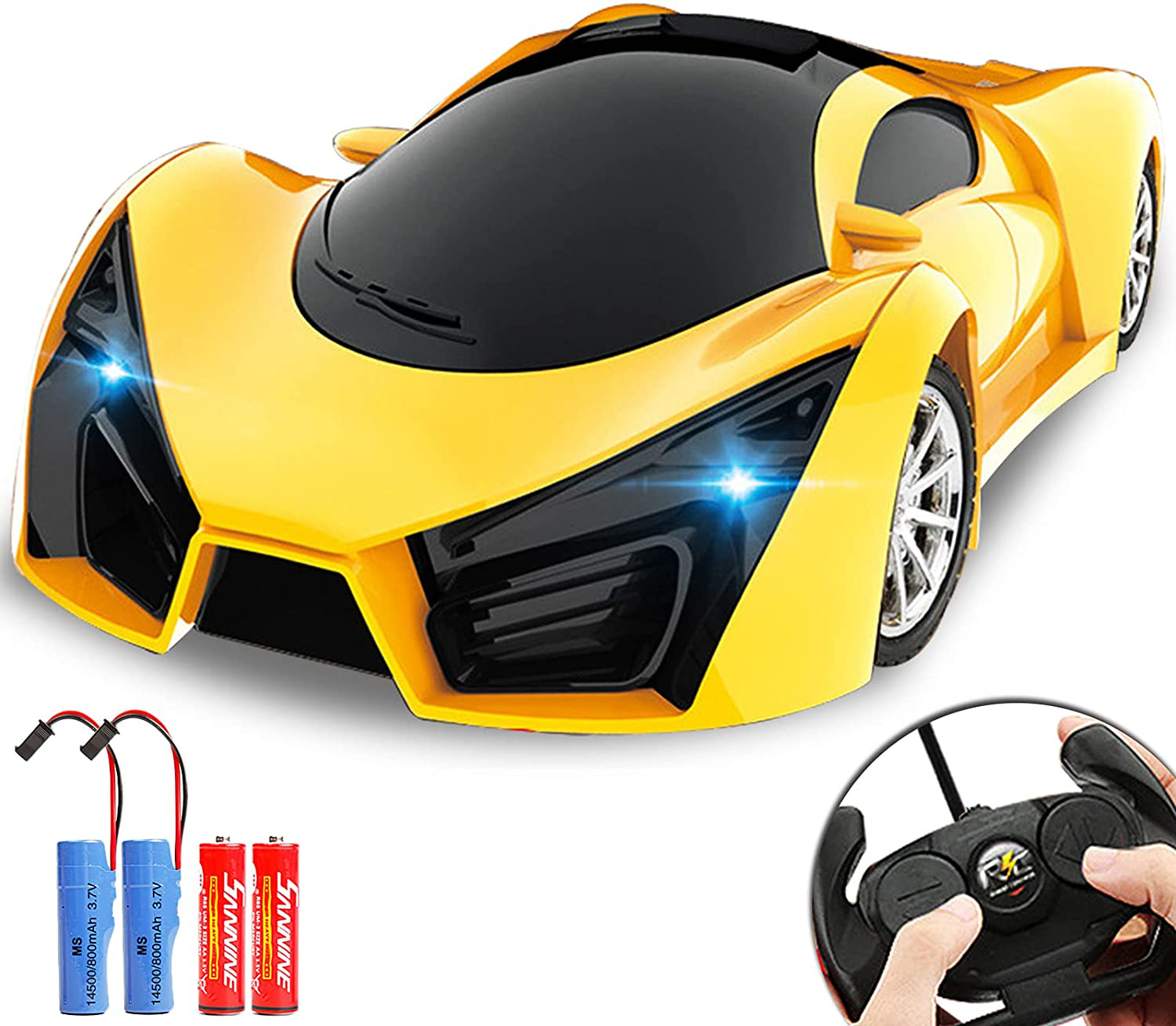 KULARIWORLD Remote Control Car, Rechargeable Drift RC Cars Toys for Kids,1/16 Scale 10KMH High Speed Super Vehicle with Led Headlight,Yellow Racing Hobby Best Xmas Birthday Gift for Boys Girls