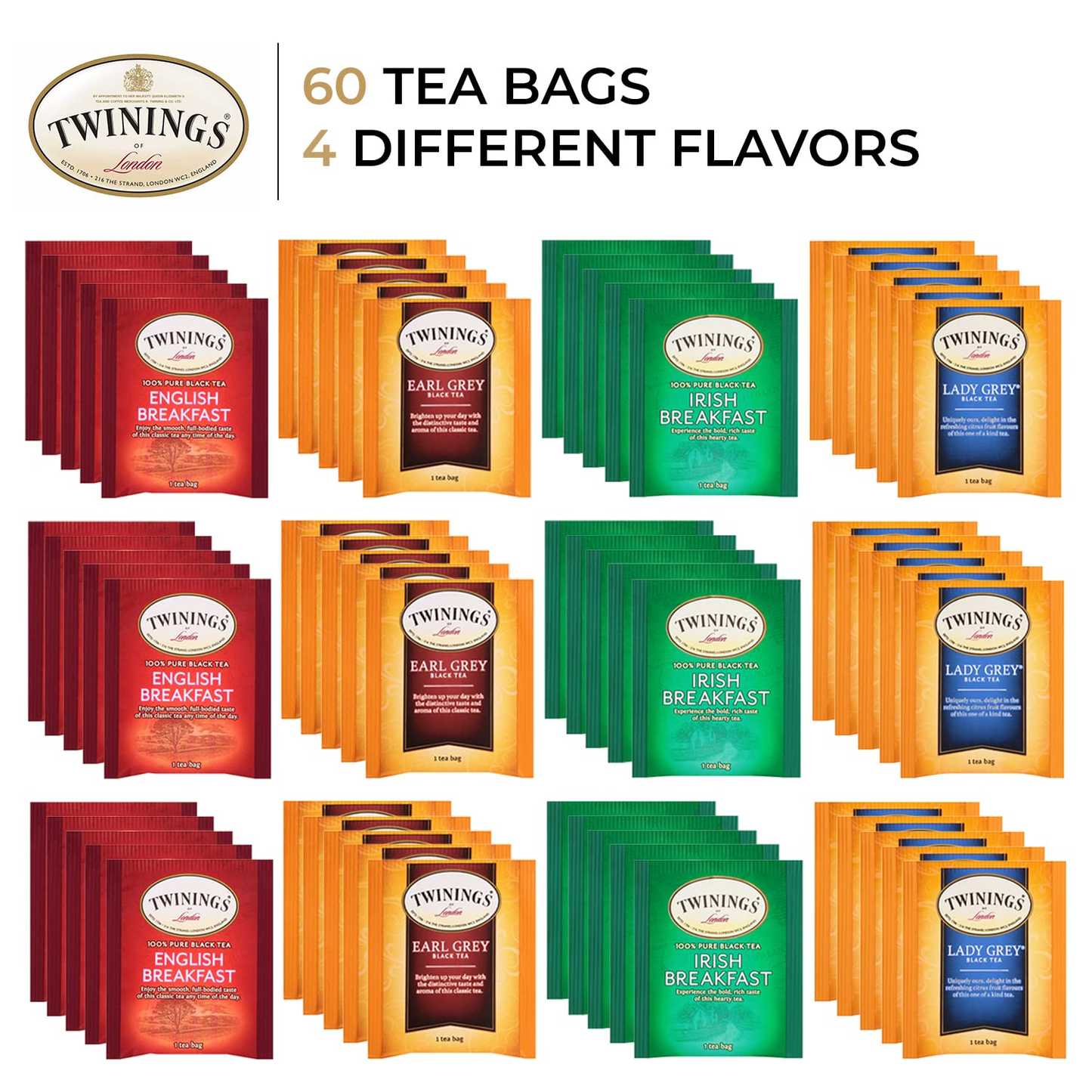 Twinings Tea, Black Tea Sampler Variety Pack with Four Flavors; Earl Grey Tea, English Breakfast Tea, Lady Grey Tea & Irish Breakfast Tea, 20 Tea Bags (Pack of 3)