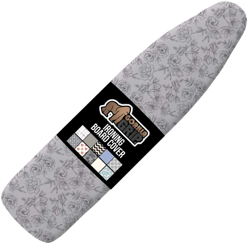 Gorilla Grip Reflective Silicone Ironing Board Cover, Resist Scorching and Staining, 15x54, Hook and Loop Fastener Straps, Pads Fit Large and Standard Boards, Elastic Edge, Thick Padding, Gray Floral
