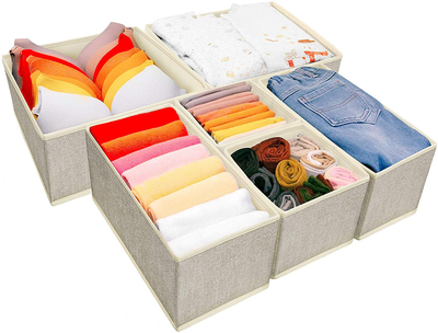 Underwear Drawer Organizer, 6 Set Foldable Underwear Drawer Organizer and Closet Dividers,Storage Box for Clothes, Socks, Underwear (6 Bins, Beige)