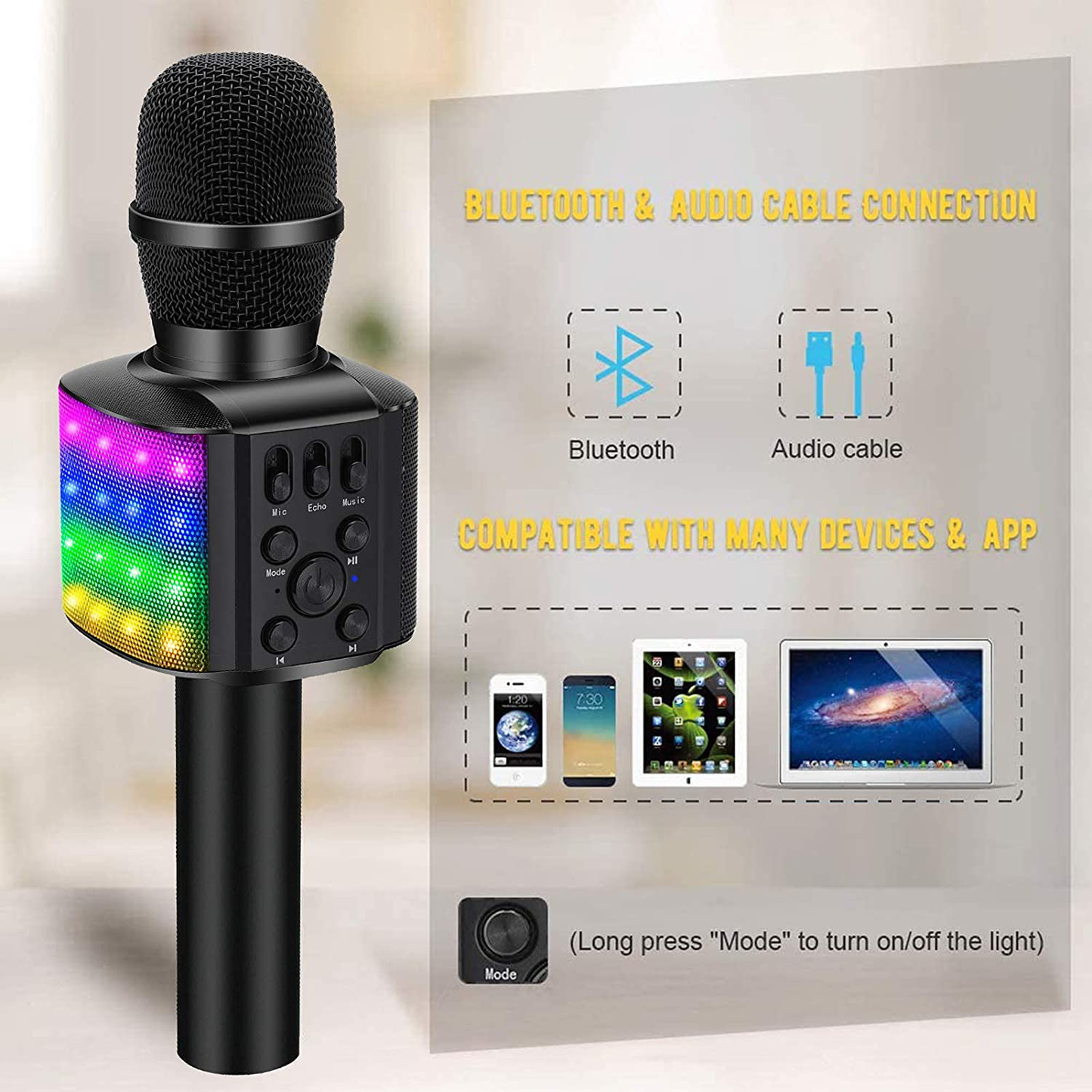 BONAOK Wireless Bluetooth Karaoke Microphone with controllable LED Lights, 4 in 1 Portable Karaoke Machine Mic Speaker Birthday Home Party for All Smartphones PC(Q36 Rose Gold)