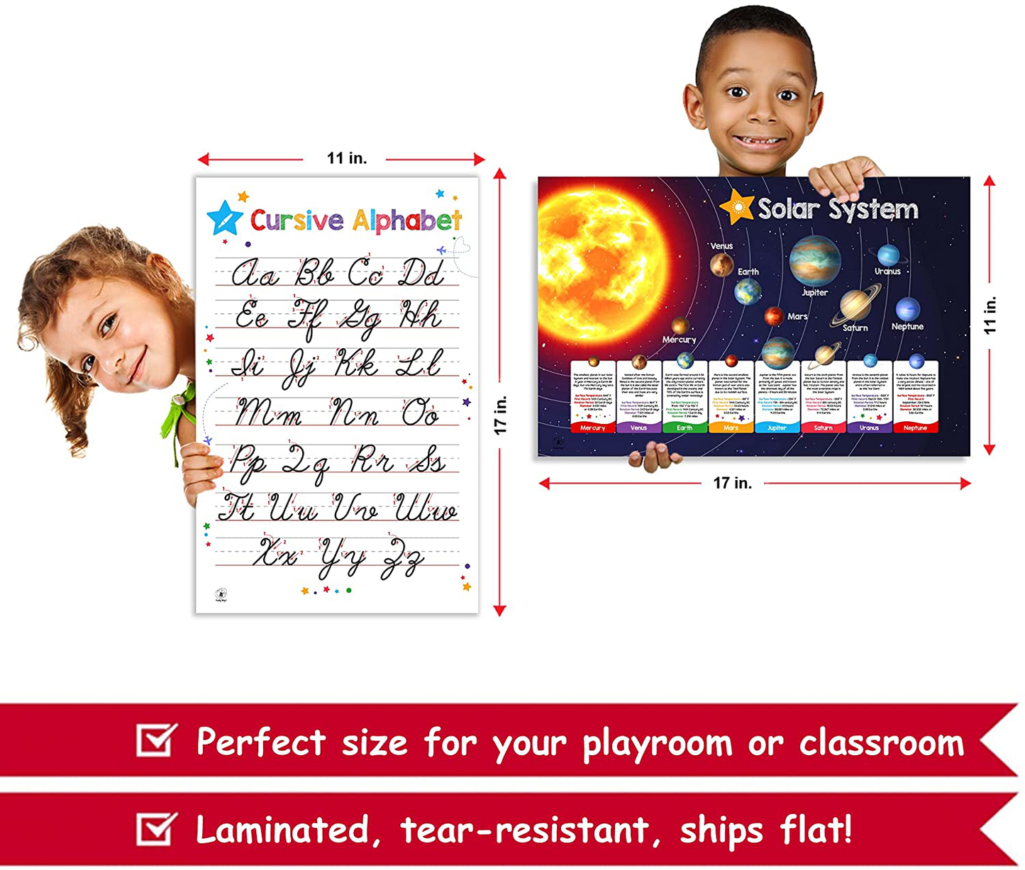 26 Set of 50 Educational Posters for Kids - Multiplication Chart, Alphabet, Periodic Table, Solar, USA, World, Map, Sight Words, Homeschool Supplies, Classroom Decorations - Laminated & Flat, 17x11