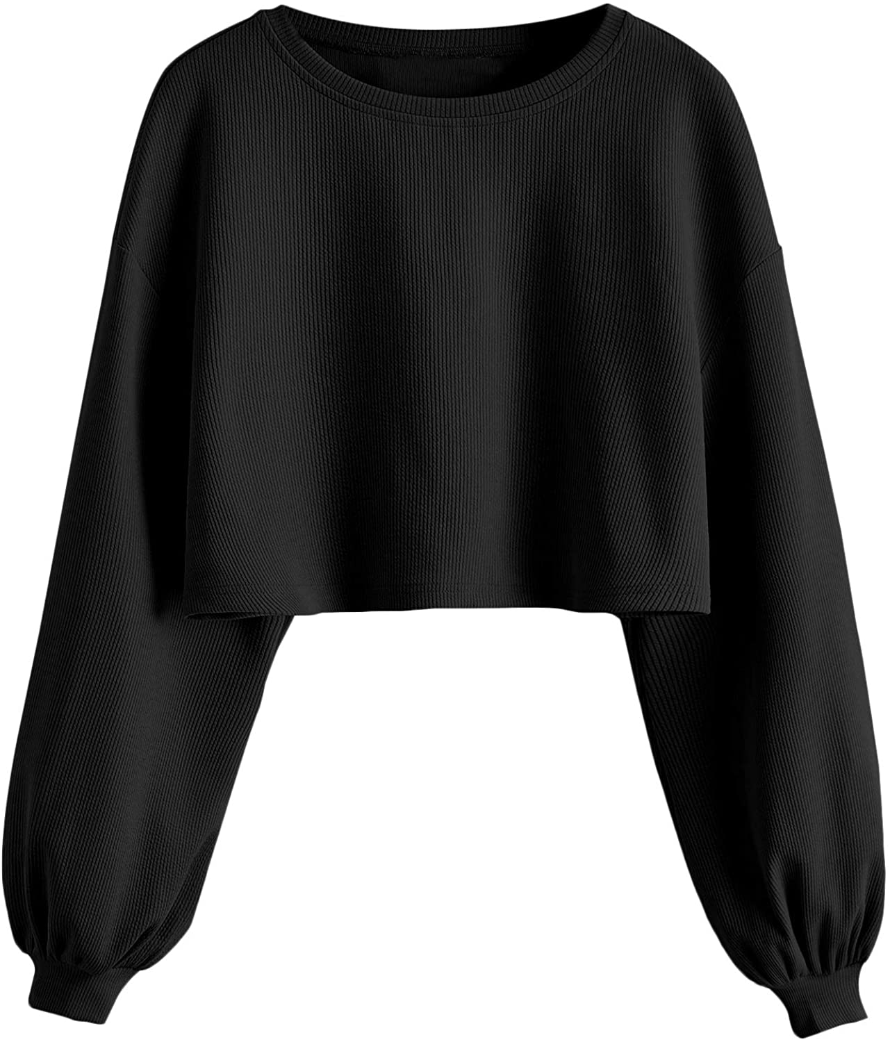 ROMWE Women's Casual Basic Crop Tops Crew Neck Long Sleeve Raw Hem Crop Sweatshirt