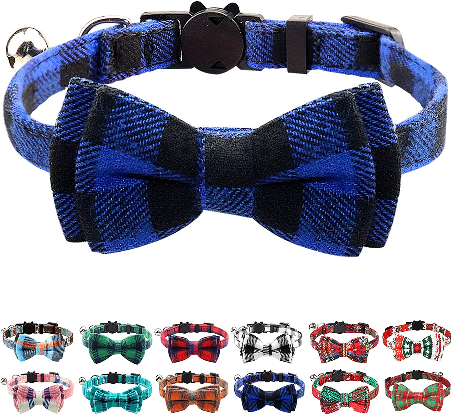 Joytale Breakaway Cat Collar with Bow Tie and Bell, Cute Plaid Patterns, 1 Pack Kitty Safety Collars,Haze Blue