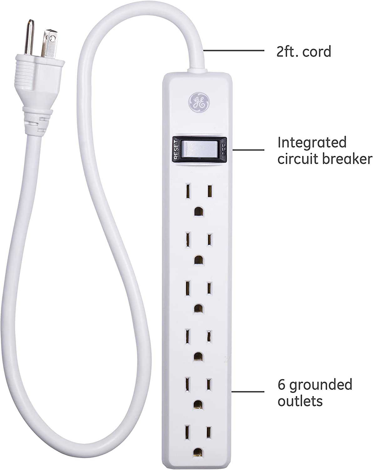 GE, White, 6 Outlet 2 Pack, 2 Ft Cord, Switched Power Strip, Integrated Circuit Breaker, Overload Protection, Wall Mountable, 3 Prong, UL Listed, 14833, Count