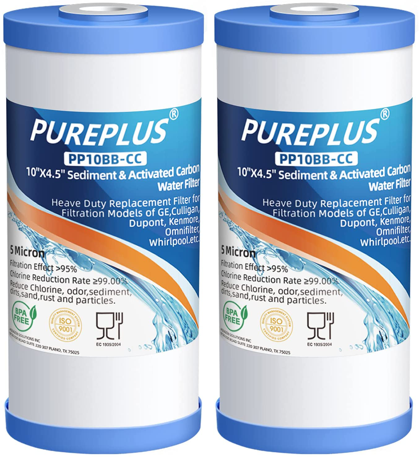 PUREPLUS 5 Micron 10" x 4.5" Whole House Sediment and Carbon Water Filter Replacement Cartridge for GE FXHTC, GXWH40L, GXWH35F, GNWH38S, Culligan RFC-BBSA, WRC25HD, PP10BB-CC, Pentek RFC-BB, 2Pack