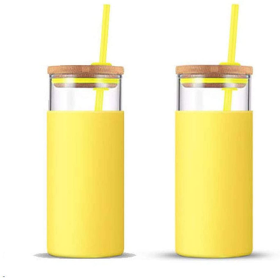tronco 20oz Glass Tumbler Straw Silicone Protective Sleeve Bamboo Lid - BPA Free (Spring Yellow/ 2-Pack)