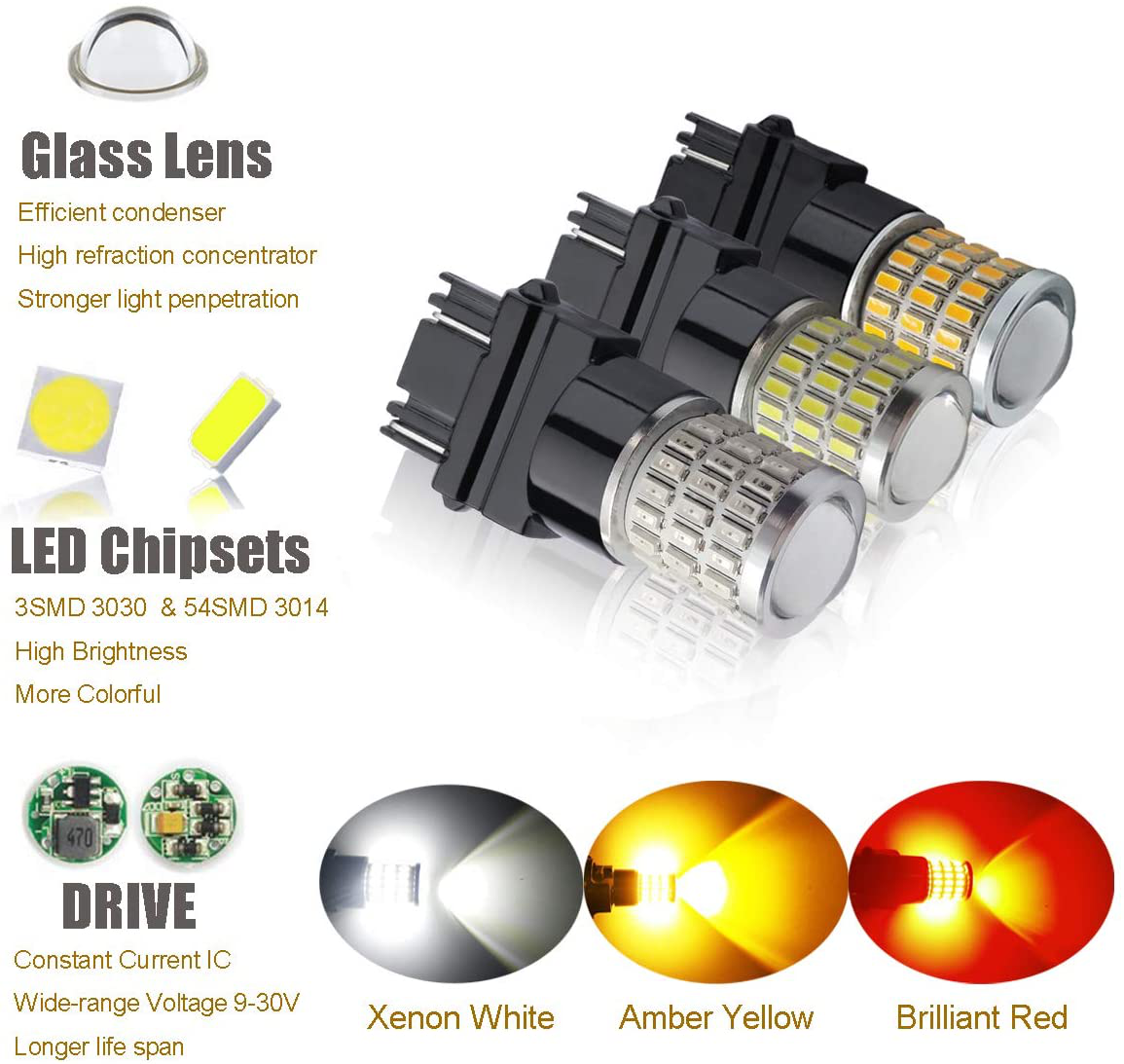 iBrightstar Newest 9-30V Super Bright Low Power 3156 3157 3057 4157 LED Bulbs with Projector Lenses Replacement for Front/Rear Turn Signal Blinker Lights or Brake Tail Parking Lights