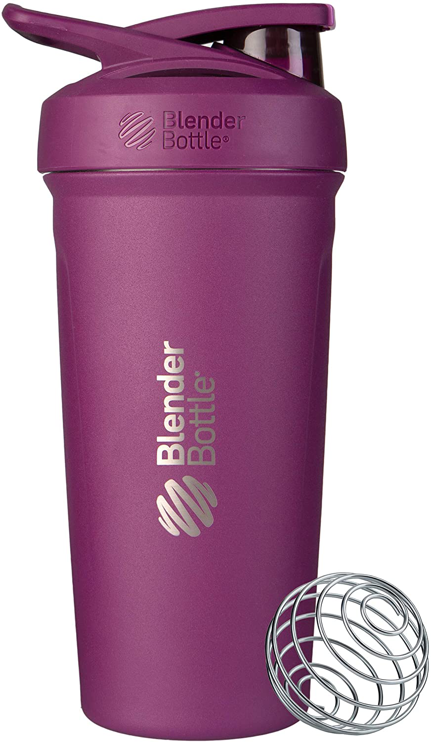 BlenderBottle Strada Shaker Cup Insulated Stainless Steel Water Bottle with Wire Whisk, 24-Ounce, Plum