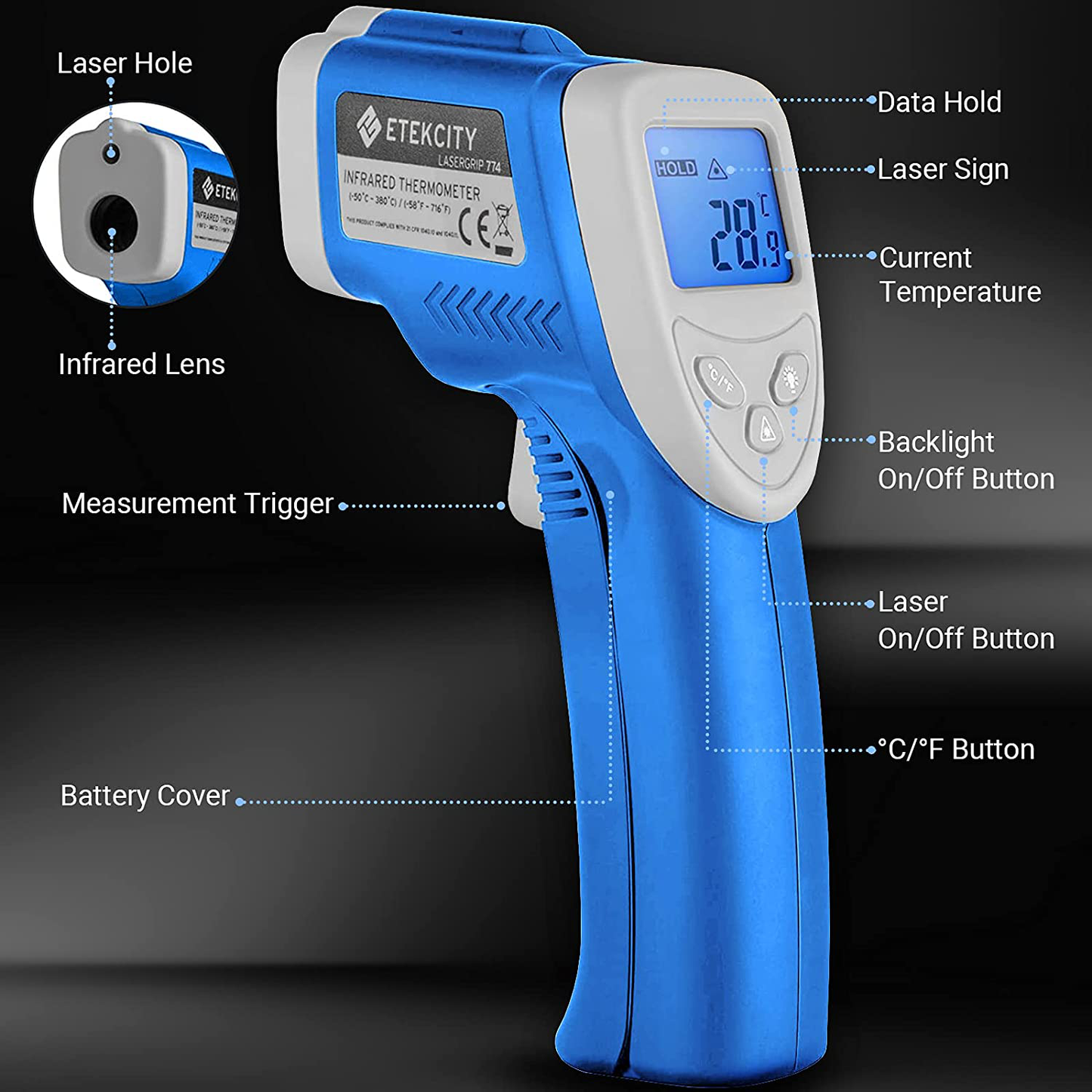Etekcity Infrared Thermometer Lasergrip 1022 (Not for Human) Temperature Gun Non-contact -58°F ~1022°F (-50°C ~ 550°C) with Adjustable Emissivity & Max Measure for Meat Refrigerator Pool Oven, Yellow