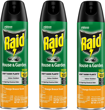 Raid House & Garden Insect Killer Spray, for Listed Ant, Roach, Spider, for Indoor & Outdoor Use, Orange Scent (11 Ounce (Pack of 3)