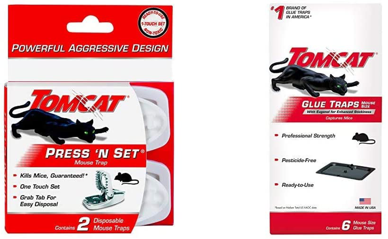 Tomcat Press 'N Set Mouse Trap, 2 Traps & Glue Traps Mouse Size with Eugenol for Enhanced Stickiness, Captures Mice and Other Household Pests, Pesticide-Free and Ready-To-Use, 6 Glue Traps